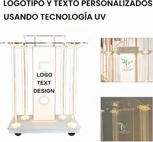 Vista 2 de Púlpito acrílico personalizable con logotipo y texto con ruedas, iluminación LED y plataforma de lectura vertical, atril de iglesia transparente