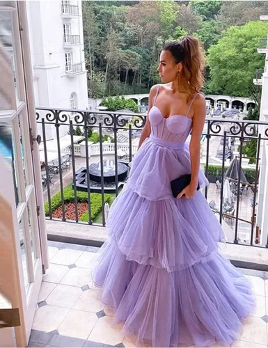 Vista 5 de Vestidos de graduación de tul para mujer, con volantes, lazo largo, tirantes delgados, corsé, escalonado, formal, vestidos de fiesta de noche