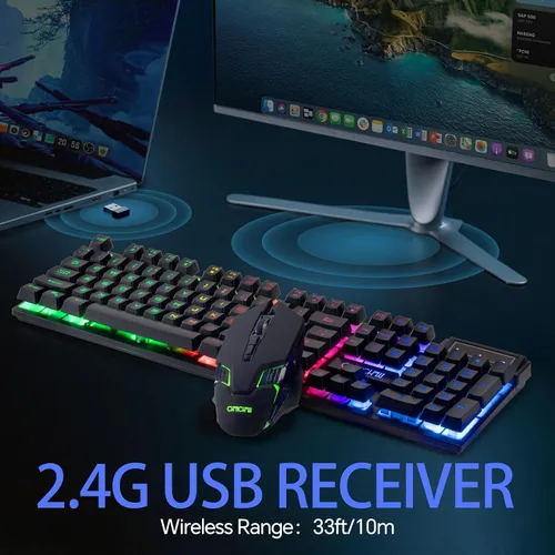 Vista 2 de CHONCHOW Combo de Teclado y Ratón Inalámbrico - 2.4G Recargable USB Arcoíris LED Retroiluminado Teclado Inalámbrico para Juegos, Teclas Multimedia