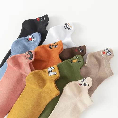 Vista 2 de 10 pares de calcetines divertidos, lindos calcetines de tobillo bordados kawaii de algodón suave de corte bajo para mujer, talla única