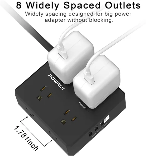 Vista 5 de Regleta protectora de sobretensiones – Cable de extensión de enchufe plano de 6 pies con 8 tomas amplias y 4 puertos USB (1 USB C), extensor de Negro