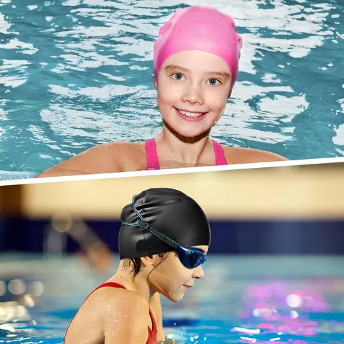 Vista 4 de Zhanmai 3 Pieces Kids Swim Caps for Long Hair Silicone Swimming Cap for Girls Boys Kids Teens with Long Curly Hair Braids Dreadlocks Large