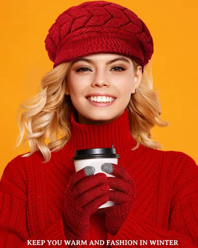 Vista 14 de SATINIOR Juego de 4 gorros y guantes de invierno para mujer, gorro de punto cálido, gorro de esquí de nieve con visera y guante para pantalla rojo