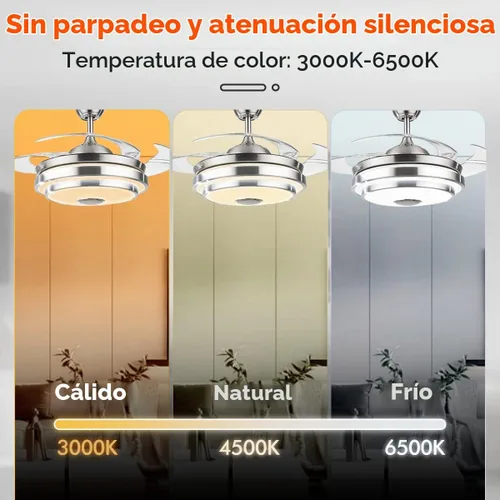 Vista 6 de Ventilador de techo de 42 pulgadas con luz y altavoz Bluetooth, moderno ventilador de techo retráctil plateado con control remoto, 3 cambios