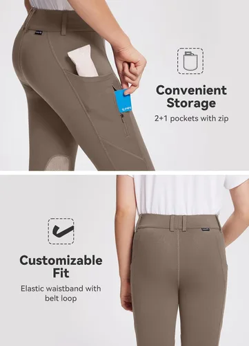 Vista 4 de BALEAF Pantalones de equitación para niñas, pantalones ecuestres con parche en la rodilla, mallas escolares juveniles con bolsillos con cremallera