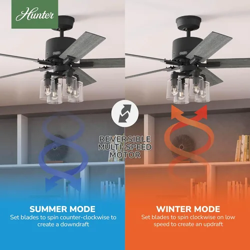 Vista 5 de Hunter Techne, ventilador de techo, inteligente, silencioso, 52 pulgadas, negro mate con luces LED y control remoto, montaje estándar, 5