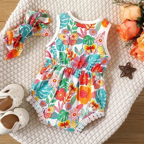 Vista 2 de PATPAT Mameluco floral sin mangas con borlas y pompón para bebé, conjunto con diadema de 0 a 18 meses