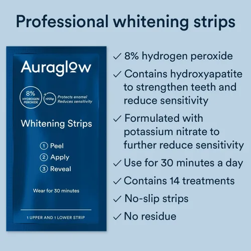Vista 8 de Auraglow Tiras blanqueadoras de dientes, tiras blanqueadoras sensibles, 14 tratamientos de blanqueamiento, 8% de peróxido de hidrógeno