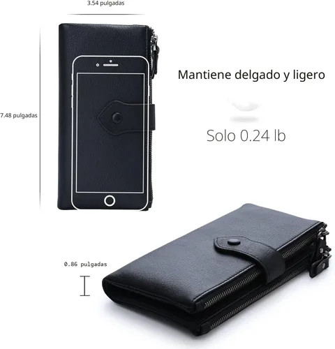 Vista 5 de Bveyzi - Cartera de cuero suave para mujer con bloqueo RFID, billetera plegable con doble cierre, porta-tarjetas para damas Negro