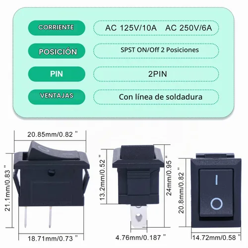 Vista 5 de Twidec/10Pcs Interruptor basculante AC 6A/250V 10A/125V SPST 2 pines 2 posiciones encendido/apagado Interruptor basculante cuadrado para coche Negro