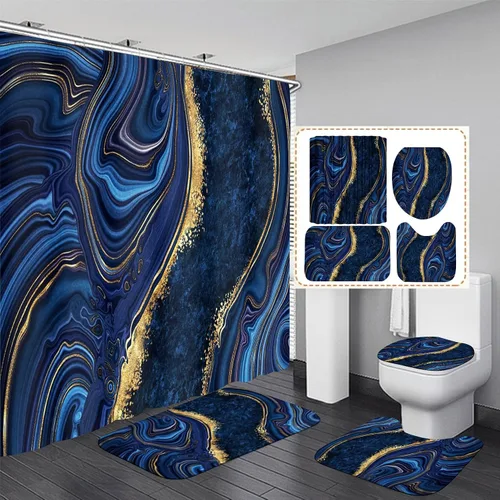 Vista 11 de Nkzply Juego de 4 Piezas de Cortinas de Ducha de Mármol Negro con Alfombras, Juegos de Baño Dorados con Cortina de Ducha y Alfombras, Accesorios