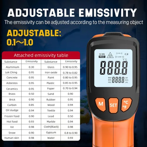 Vista 6 de Pistola termómetro infrarroja, pistola de temperatura infrarroja para cocinar, pistola de termómetro láser de -58 ℉ ~ 1076 ℉ con emisividad