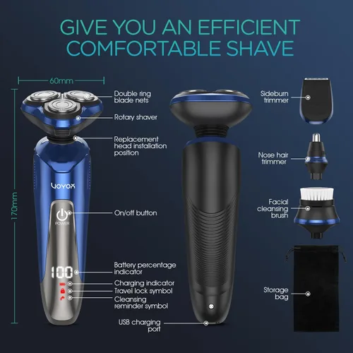 Vista 7 de VOYOR Maquinilla de afeitar eléctrica para hombres, afeitadoras inalámbricas para afeitarse con patillas faciales, nariz, oído, pelo, recargable