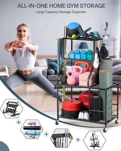 Vista 2 de AHOWPD Estante de pesas para gimnasio en casa, estante de almacenamiento para esterilla de yoga, estante de almacenamiento para mancuernas y pesas