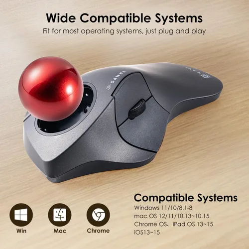 Vista 7 de SANWA Ratón ergonómico inalámbrico Bluetooth 5.1 + 2.4 G, mouse de bola de control de dedos, interruptor de 3 dispositivos, botones programables