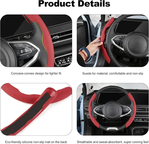 Vista 5 de Ergocar Sporty Suede - Funda para volante en forma de D y redonda, universal, antideslizante, transpirable, segmentada, funda protectora para Negro