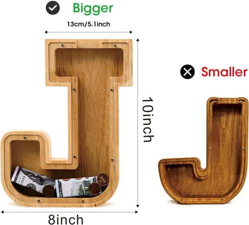 Vista 4 de Alcancía de madera con letras para niños, niñas y adultos, 10 pulgadas, grande, 26 letras, irrompible, caja de dinero, con calcomanía de bricolaje