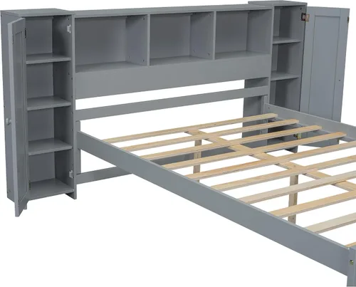Vista 9 de Cama de plataforma de tamaño individual con cabecera de almacenamiento y taquillas, cabecera de almacenamiento multifuncional con 3 estantes Gris-t