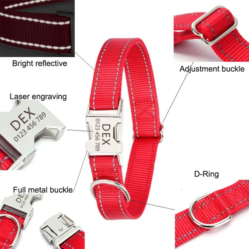 Vista 2 de Collar de perro personalizado reflectante, placa de identificación grabada gratis, collares de perro personalizados de nailon con hebilla de metal