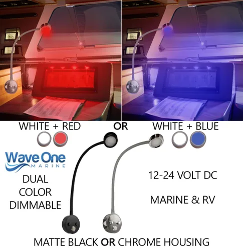 Vista 2 de Wave One Marine Luz de lectura LED de cuello de cisne de doble color Flexible regulable velero cabina mapa pared barco yate RV iluminación Cromo
