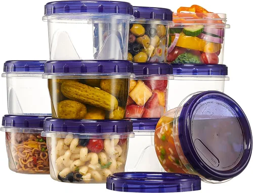 Vista 15 de PLASTICPRO Paquete de 6 Recipientes de Almacenamiento de Alimentos con Tapa Giratoria con Tapa Azul Atornillable - Recipientes Reutilizables de 4 oz