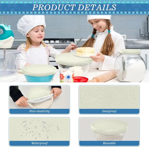 Vista 5 de 5 fundas elásticas reutilizables para cuencos de almacenamiento de alimentos, tapas de tela elástica con 5 tamaños diferentes, resistentes al calor