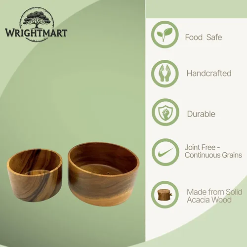 Vista 3 de Juego de 2 cuencos redondos de madera maciza de acacia para alimentos, almacenamiento de condimentos, ensalada, aperitivos, nueces, pan, palomitas
