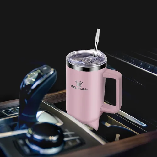 Vista 8 de Vaso de 40 onzas con asa y tapa con popote, taza de café de viaje 100% a prueba de fugas, taza aislada de acero inoxidable para bebidas calientes