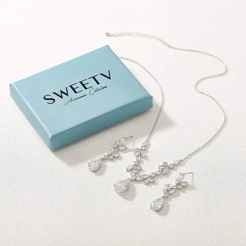 Vista 7 de SWEETV Juego de joyas de boda para novias, damas de honor, circonita cúbica, lágrima, collar y aretes, joyería de boda para mujer