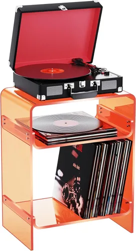 Vista 10 de Mesa de tocadiscos de acrílico con estante de almacenamiento, mesa auxiliar transparente mesita de noche (negro, mediano)
