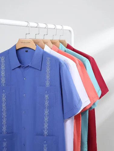 Vista 4 de MAXJON Camisas de guayabera de manga corta con botones para hombre, con bordado cubano, camisas de playa