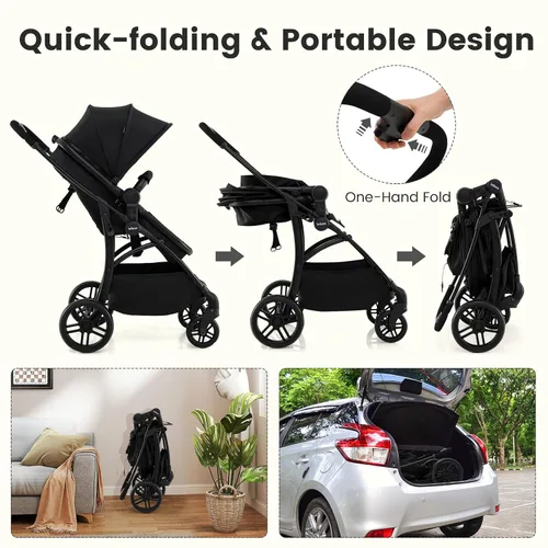 Vista 7 de INFANS Cochecito de bebé 2 en 1, cochecito convertible con moisés, asiento reversible, respaldo ajustable, plegable con una mano, cochecito compacto