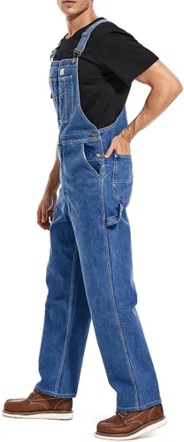 Vista 2 de HISEA Overol de mezclilla para hombre, overol de trabajo con correas ajustables y prácticos bolsillos para herramientas