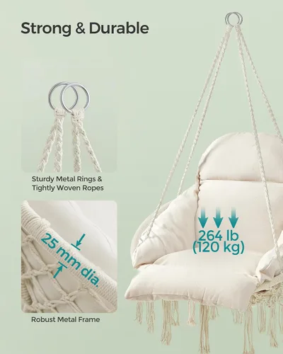 Vista 2 de SONGMICS UGDC042M01 - Silla colgante, hamaca con cojín grande y grueso, silla columpio bohemia para dormitorio, patio, balcón, jardín, soporta hasta