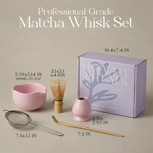 Vista 3 de Kit de matcha rosa, juego de cuenco y batidor de cerámica