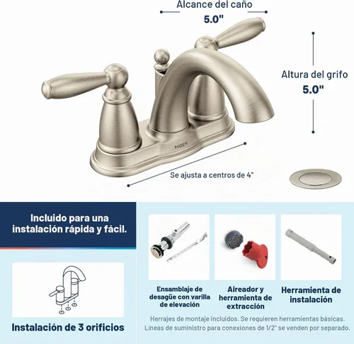 Vista 3 de Moen Brantford de níquel cepillado - Grifo de baño de arco bajo con dos manijas, montaje tradicional de centro con desagüe, 6610BN