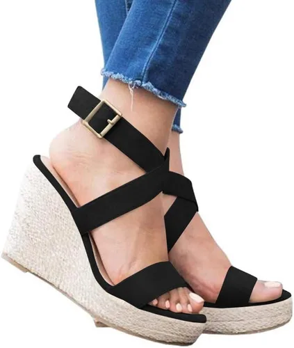 Vista 5 de Sandalias de tacón alto con plataforma de cuña y correa de tobillo cruzada, puntera abierta, de verano, para mujer