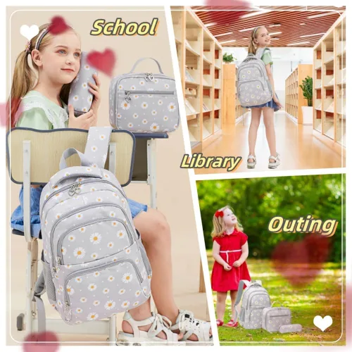 Vista 7 de 3 piezas de mochila con estampado de margaritas para niños, mochila de escuela primaria, mochila para estudiantes de primaria, mochila para Negro