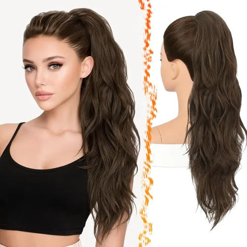 Vista 22 de BARSDAR 25 Inch Synthetic Dual Claw Clip Auburn Brown Loose Wavy Ponytail