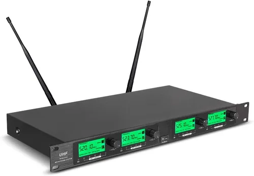 Vista 3 de Sistema de Micrófono Inalámbrico Pro UHF de 4 Canales 4 Paquetes de Cuerpo Lavalier 4 Micrófonos de Solapa 4 Auriculares para Sistema de Karaoke