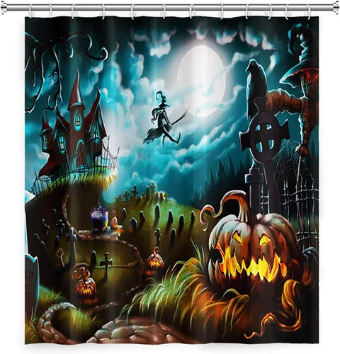 Vista 4 de Cortina de ducha de Halloween, cortinas de ducha de calabaza aterradora para baño, casa cazada de brujas, cortina de baño, cortina de baño