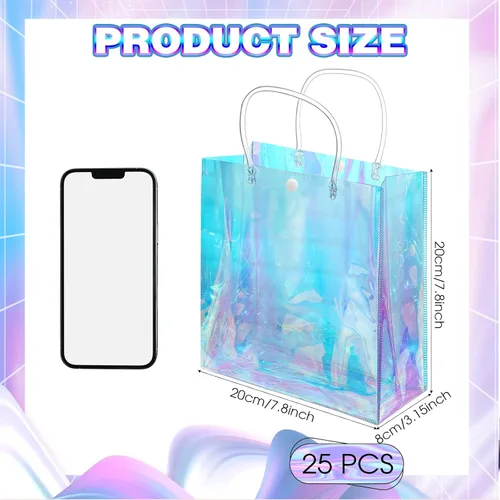 Vista 2 de Sherr 25 bolsas de regalo pequeñas holográficas transparentes iridiscentes reutilizables de plástico de PVC para compras, bodas, cumpleaños, baby