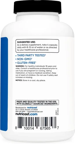 Vista 4 de Nutricost Monohidrato de creatina 3,000 mg, 180 cápsulas (750 mg por cápsula) Sin gluten, sin OMG