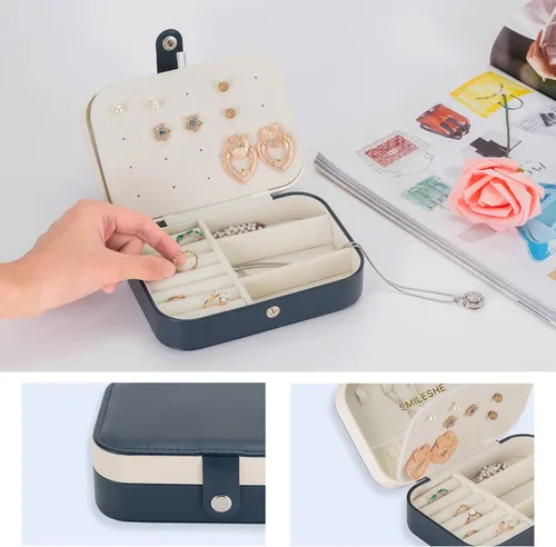 Vista 4 de Smileshe Joyero, estuche de viaje portátil pequeño de piel sintética, organizador de 2 capas, cajas de almacenamiento para anillos, aretes