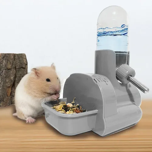 Vista 4 de VANNON Botella de agua 3 en 1 para hámster con cuenco para alimentos y base Gris
