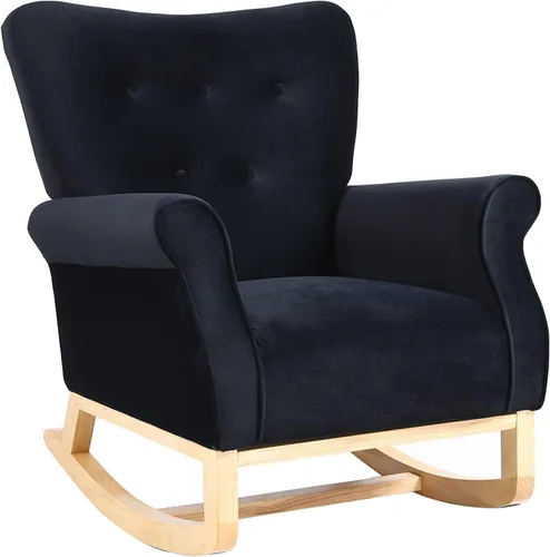 Vista 4 de Silla mecedora con respaldo de ala, cómoda silla mecedora con brazos de cojín, mecedoras tapizadas con botón acolchado para sala de estar