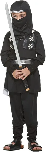 Vista 3 de EraSpooky Disfraz de ninja de Halloween para niños disfraz de asesino negro para niños