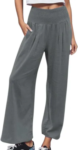 Vista 46 de SHAOBGE Pantalones palazzo de verano para mujer, cintura alta, pierna ancha, casual, cintura elástica, pantalones de playa con bolsillos
