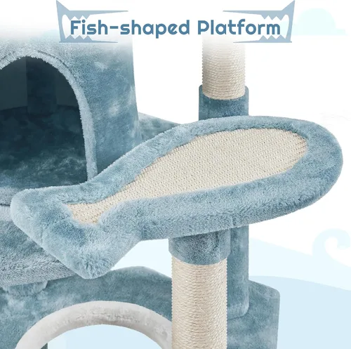 Vista 5 de Yaheetech Árbol para gatos con temática oceánica de 61 pulgadas de alto, torre para gatos de varios niveles con nido en forma de boca de tiburón