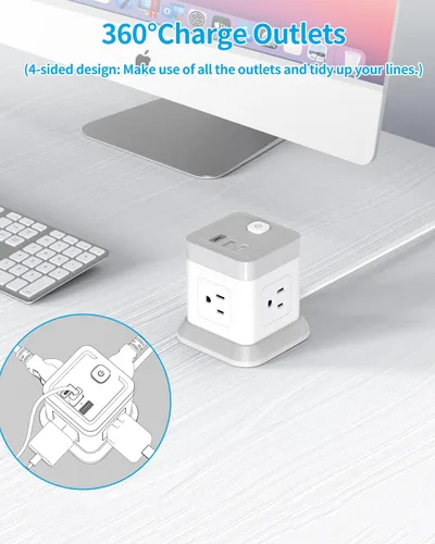 Vista 5 de FDTEK - Tira de alimentación USB C de 2 clavijas, 4 tomas de corriente, 3 USB, cable de extensión de 5 pies, color blanco 2 Prong Desktop Charging